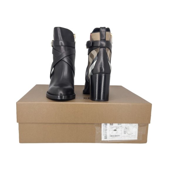 Burberry Pryle Leather & House Check Mid-Heel Ankle Boots - Picture 5 of 6